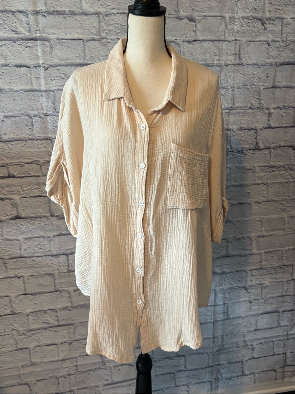 SHEIN Beige Button Down Gauze Pocket Shirt